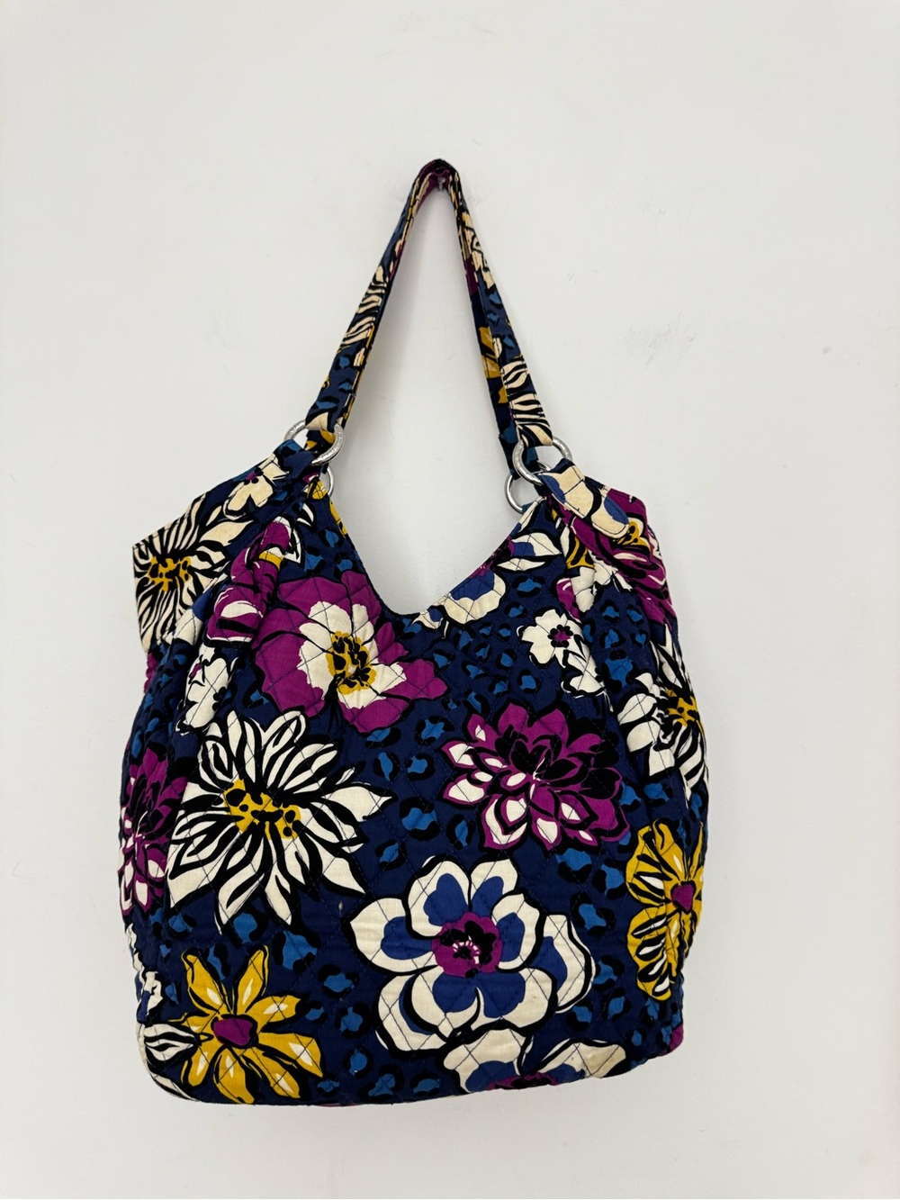 Vera Bradley Navy Quilted Shoulder Bag with Purple & Yellow Floral Print